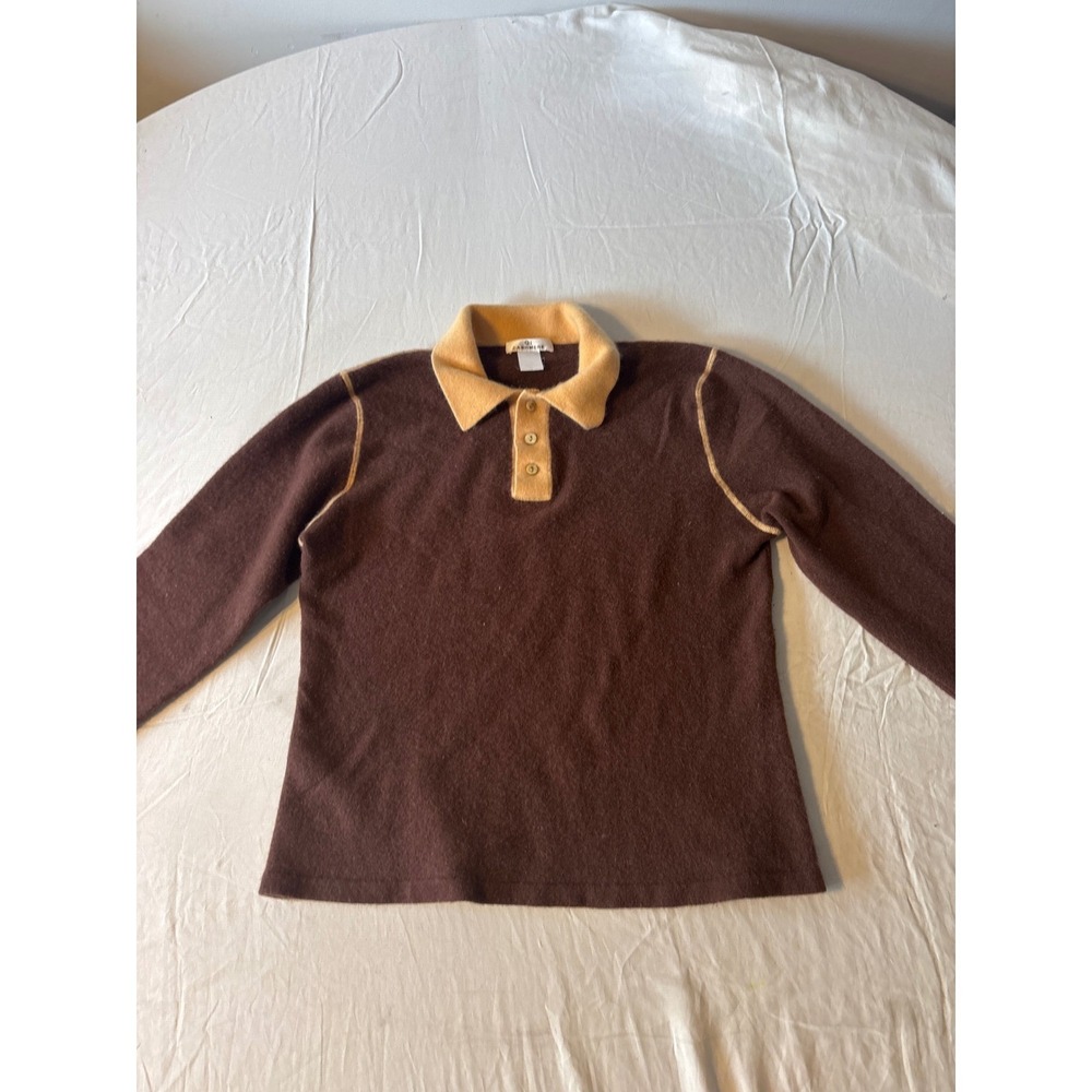 Qi Cashmere Polo Sweater Womens  Brown Tan Long Sleeve Collared